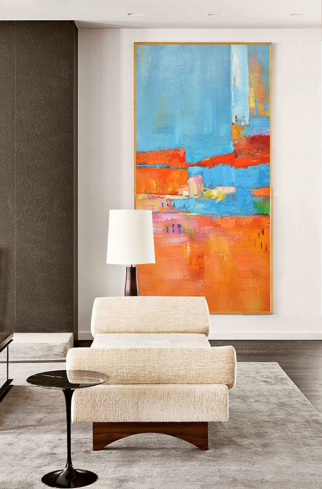 Abstract Painting Extra Large Canvas Art,Horizontal Palette Knife Contemporary Art,Large Abstract Art Handmade Acrylic Painting,Orange,Sky Blue,White,Red.etc